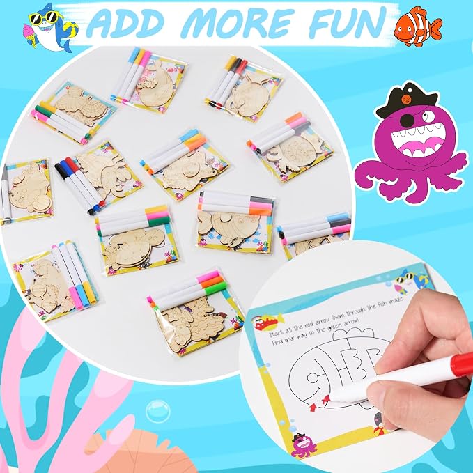 12Pack Under the Sea Party Favors, Wooden Sea Animal Painting Kit for Kids Ocean Theme Arts&Crafts Birthday Party Hanging Decorations Summer Goodie Bag Filler Pinata Stuffers Classroom Prizes for Kids
