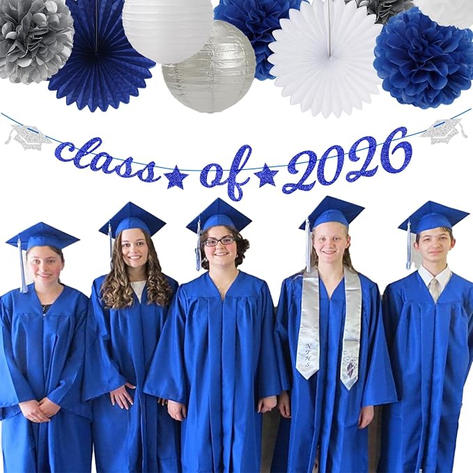 2026 Blue Class-Congratulations Prom Graduation Party-Decorations - 22pcs High School College Grad Supplies Decor,Royal Navy White Silver Tissue Pom Poms Streamers, Paper Flowers Lanterns Hugmoon