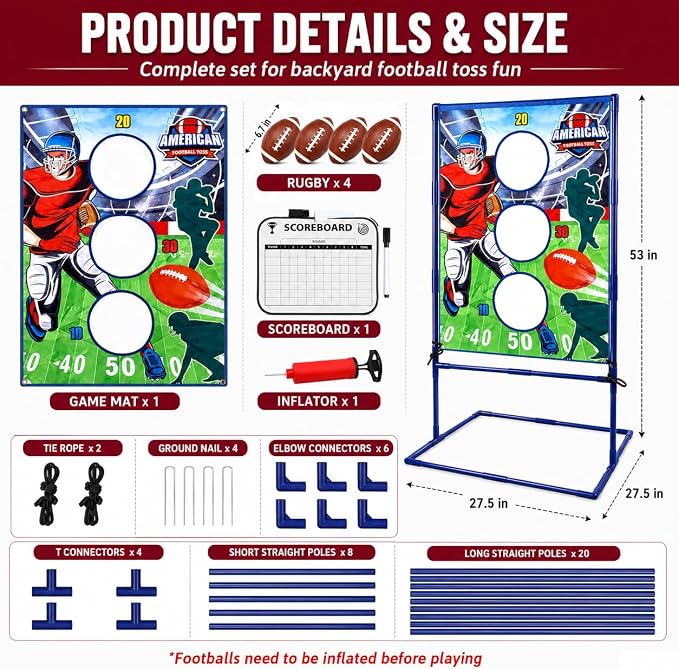 Punieayi Football Toss Game with 4 Inflatable Balls, Football Throwing Target Games for Boys 8-12, Sports and Outdoors Toys for Kids Ages 3+