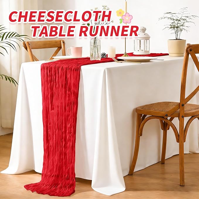 6 Pack Cheesecloth Table Runner,Red Table Runner Long Romantic Semi Sheer Rustic Boho Gauze Table Runners for Wedding Bridal Shower Birthday Party Decorations(17.7×108 Inch)