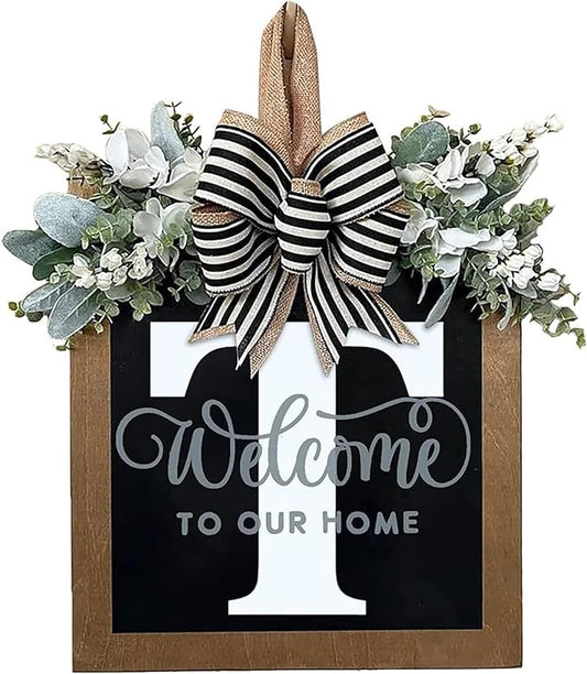 Last Name All Year Round Front Door Wreath with 26 Initial Letter Welcome Sign All Seasons Eucalyptus Garland and Bow ，Farmhouse, Porch, for Spring Summer Fall All Seasons Holiday Halloween Christmas.（T）