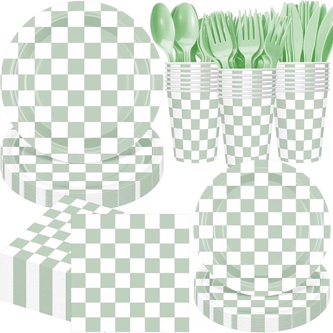 Pickmesh 400 Pcs Sage Green and White Checkered Party Decorations Set Light Green Gingham Disposable Paper Plates Napkins Cups Cutlery Plaid Party Decorations for Baby Shower Wedding Birthday Serve 50