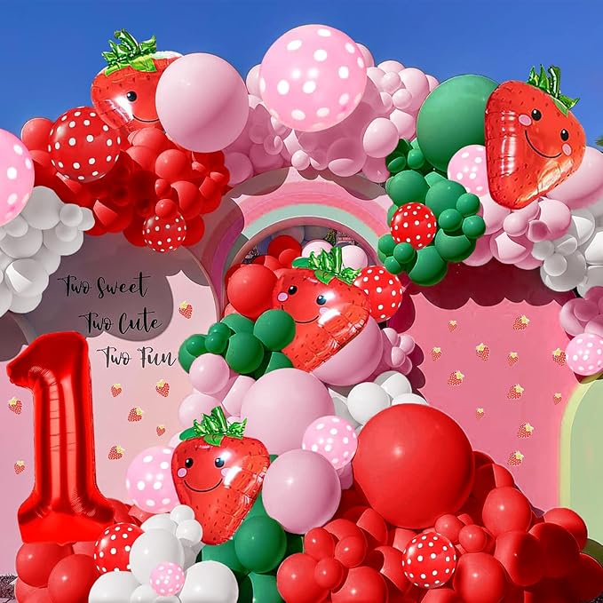 Strawberry Party Decoration Balloon Garland Arch Kit, 143Pcs Red Pink Balloons Strawberry Foil Balloons for Sweet One Boy Girl Berry First Themed Birthday Party Supplies & Baby Shower Decoration