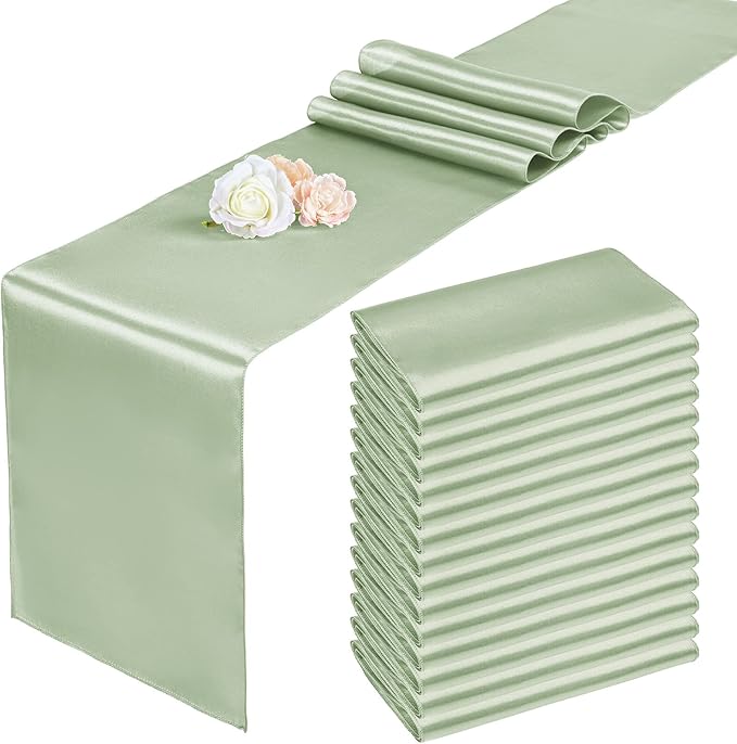 15 Pack Satin Table Runners 12 x 108 Inch Long, Sage Green Table Runners for Rectangle Round Tables,Smooth Satin Table Runner for Wedding,Birthday Party Banquets Graduation Engagements Decoration
