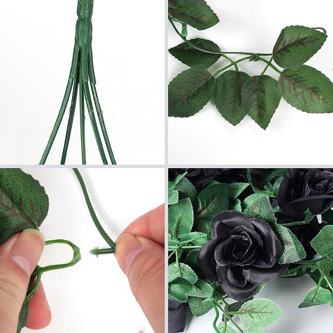 RECUTMS Artificial Black Rose Hanging Flower Plants Decorations, 2 PCS 3.3Ft Fake Floral lvy Garland with 30 LED Fairy String Lights for Indoor Wall Wedding Outdoor Home Garden Gothic Halloween Decor