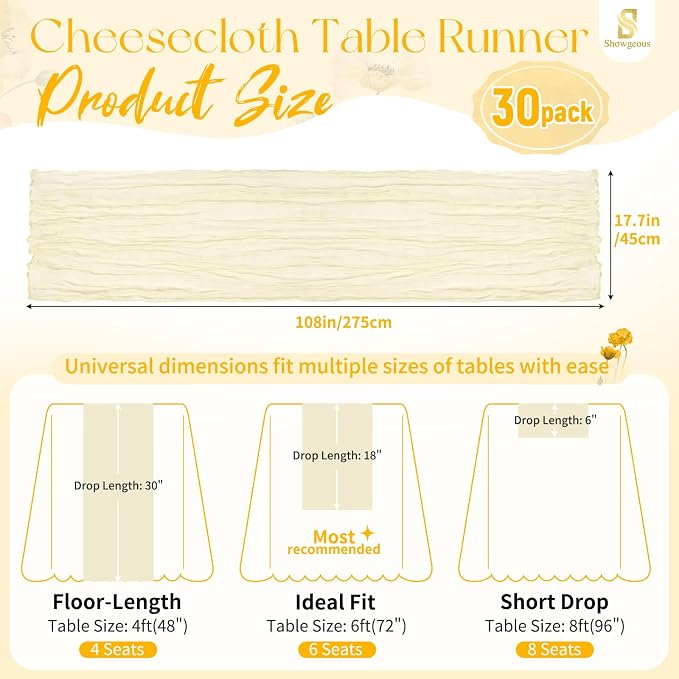 30 Pack Beige Cheesecloth Table Runner 17 x 108 inch Boho Gauze Table Runner Rustic Sheer Cheese Cloth Table Decorations for Wedding Party Baby Bridal Shower Birthday Holiday Home