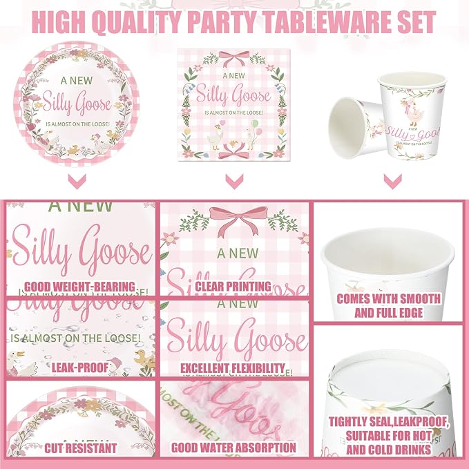 Hushee 200 Pcs a New Silly Goose Baby Shower Paper Plates Cups Napkins Funny Goose Birthday Party Favors Set Serves 50 Guests Disposable Pink Tableware Set for Gender Reveal Party Supplies