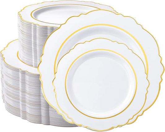 realluck 150PCS White and Gold Plastic Plates, Elegant Baroque Gold Rim Disposable Plates - 75 Dinner & 75 Dessert Plates, fancy plastic plates for Wedding, Anniversary