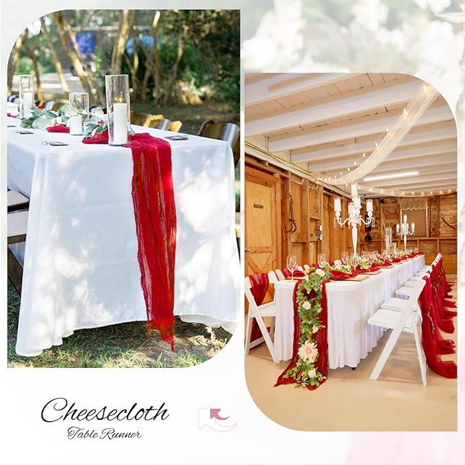 24 Pack Christmas Table Runner 10FT Red Cheesecloth Table Runner 35 x 120 Inch Long Semi-Sheer Gauze Fabric Boho or Rustic Wedding Table Decor for Bridal Shower Baby Shower Holiday Party