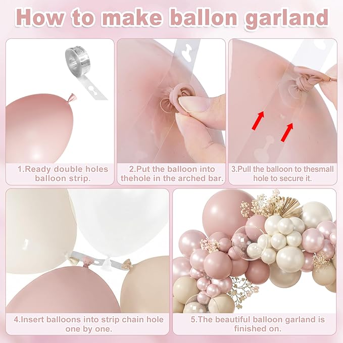 Amandir 173 Pcs Pearl White Pink Balloon Arch Garland Kit, Double Stuffed Dusty Pearl Pink White Sand Clear Balloons for Wedding Boho Neutral Bridal Shower Birthday Valentine's Day Party Decorations