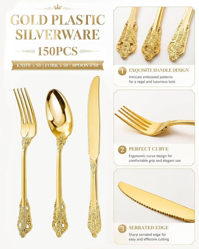 bUCLA HEAVYWEIGHT 150PCS Gold Plastic Silverware Disposable - Extra Heavy Duty Plastic Cutlery - Gold Disposable Utensils Set - Include 50 Knives, 50 Forks,50 Spoons for Party & Special Moments