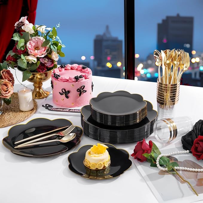 EI 180pcs Black Plastic Plates with Gold Plastic Silverware,Black and Gold Plates Disposable,Heavy Duty Plate for Party,Wedding,Anniversary,Spring Afternoon Tea Business Event,Graduation Decorations