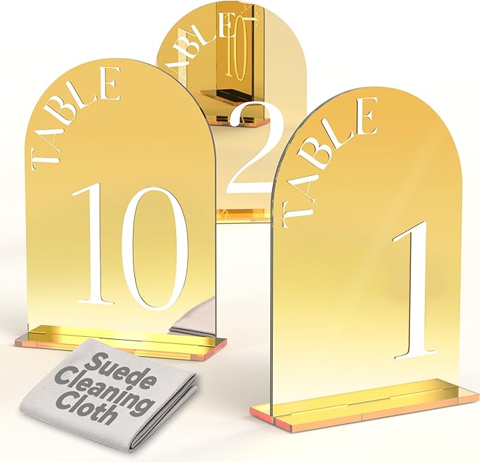 Arched Wedding Table Numbers 1-10 with Stands, 5" x 7" Double-sided Letter, Mirrored Acrylic Number Signs for Wedding Decoration Reception Party (Gold, 1-10)