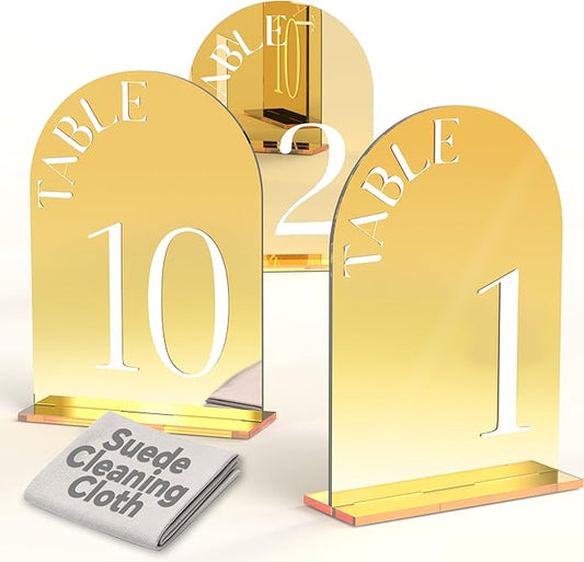 Arched Wedding Table Numbers 1-10 with Stands, 5" x 7" Double-sided Letter, Mirrored Acrylic Number Signs for Wedding Decoration Reception Party (Gold, 1-10)