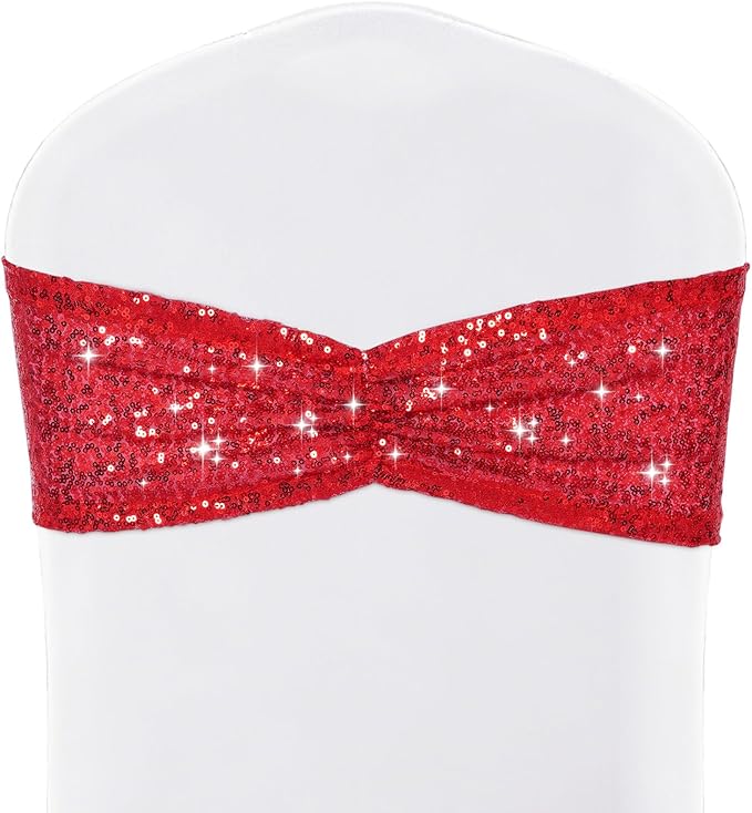 SquarePie Pack of 50 Sequin Chair Sashes Bows Glitter Red Chair Covers Bands for Wedding Banquet Birthday Party Decor