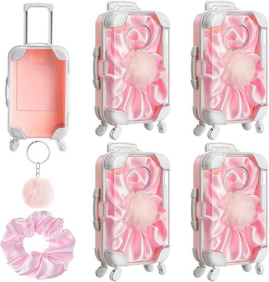 LemonRoad 15 Pcs Mini Suitcase Empty Storage Box and Plush Ball Keychain Candy Luggage Containers Packaging Case for Galentine Bridal Shower Baby Shower Party Favors Travel Gifts (Pink)