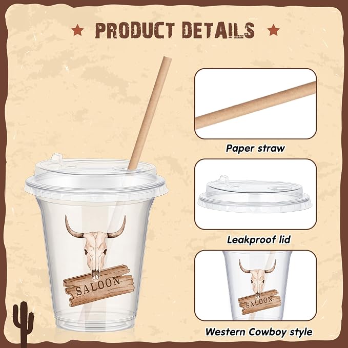 Qinyoung 60 Pcs Western Cowboy Cups with Lids and Paper Straws 14 oz Disposable Clear Plastic Cups for Home Birthday Party Favor Supplies Western Cowboy Decorations
