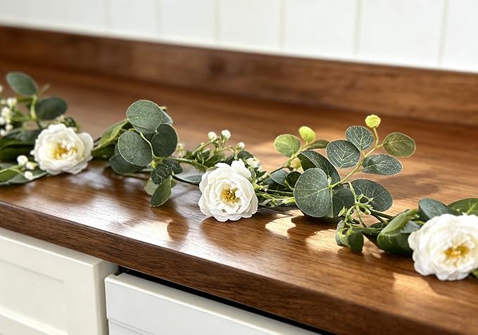 Greenery Garland with White Roses 2Pack: 5.9Ft Artificial Vines Hanging Eucalyptus Leaves for Wedding Arch Swag Backdrop Doorways Table Runner