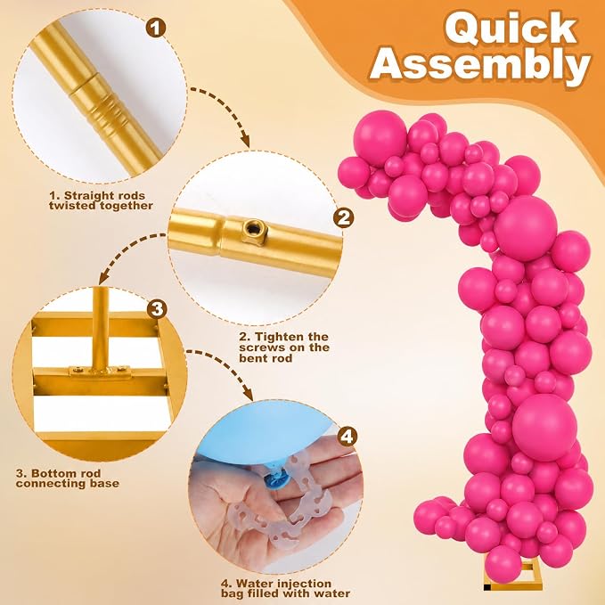 Balloon Arch Stand Kit Set with 145PCS Different Sizes Pink Balloons – Metal Wedding Backdrop Frame with 8 Water Bags, Gold Semi-Open Arch for Birthday, Baby Shower, Bridal Shower Decorations.