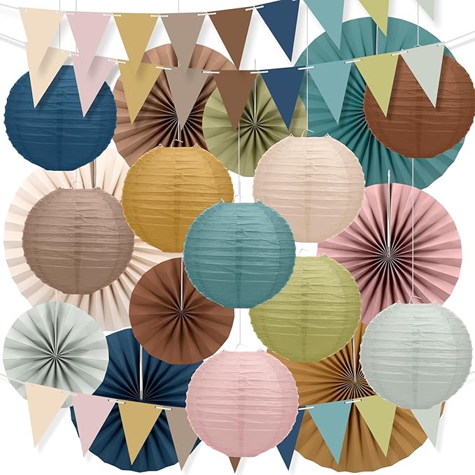 Kosiz 21 Pcs Boho Party Decoration Back to School Hanging Paper Fans Triangle Flags Paper Lanterns Set First Day of School Wall Hanging Fans for Classroom Decor Birthday Baby Shower Wedding