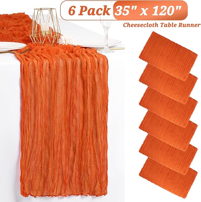 6 Pack Fall Halloween Table Runner 10FT Orange Cheesecloth Table Runner 35 x 120 Inch Long Semi-Sheer Gauze Fabric Boho or Rustic Wedding Table Decor for Bridal Shower Baby Shower Holiday Party