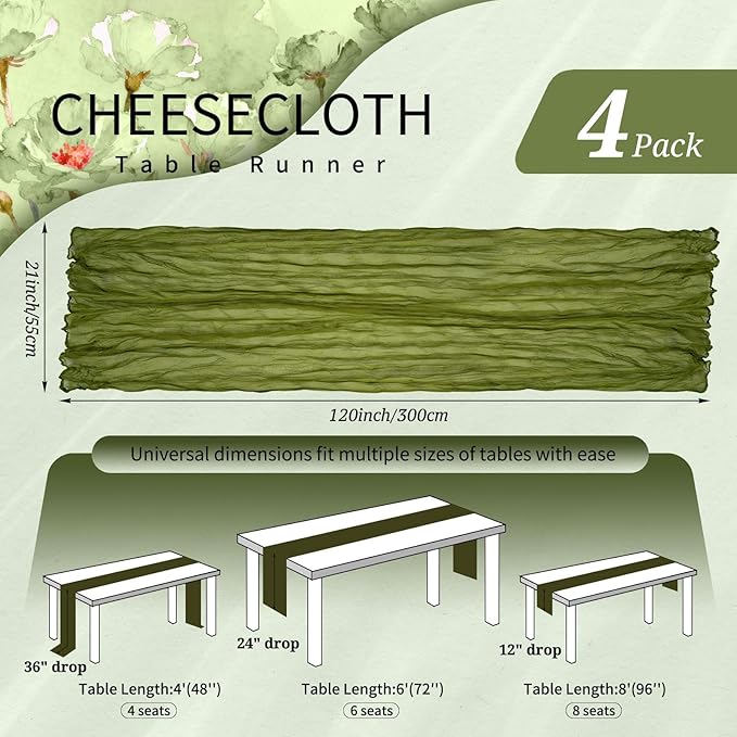 4 Pack Cheesecloth Table Runner 10FT Olive Green Table Runner Boho Gauze Cheese Cloth Table Runners Long Rustic Sheer Table Decorations for Wedding Party Baby Bridal Shower Birthday Holiday Home