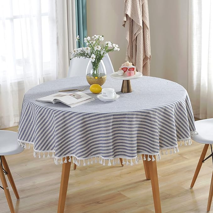 meioro Round Tablecloth Stripe Tassel Table Cloth Cotton Blend Dust-Proof Cover for Dining Circle Coffee Side End Card Tables, Parties Holiday Indoor Outdoor Use (Blue/White Stripes, 39 Inch)