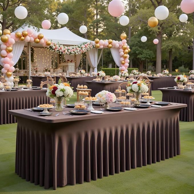4 Pack Brown Spandex Tablecloths for 6 Foot Rectangle Tables, Wrinkle Free Stretchy Table Cloths 6ft Fitted Table Cover DeskSkirt for Weddings Birthday Party Banquet Baby Shower