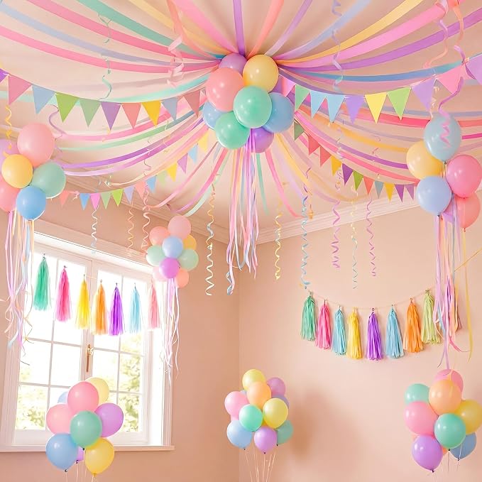 Sabary 40 Pcs Pastel Birthday Party Decorations Set, 738ft Pastel Crepe Paper Streamers, 6 Rainbow Pennant Banner Flags and 25 Pcs 12'' Macaron Balloons for Wedding Birthday Party Hanging Decor