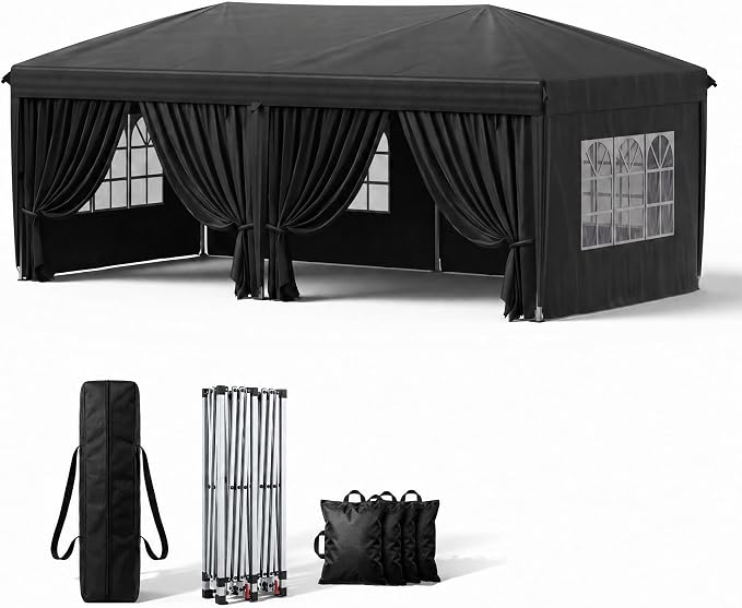 KIGOTY 10x20 FT Portable Pop Up Canopy Tent, Adjustable Height Instant Gazebo with Sidewalls, Sandbags, Waterproof Outdoor Canopy for Camping, Parties, Vendor Events (Black, 3m × 6m with sidewalls)
