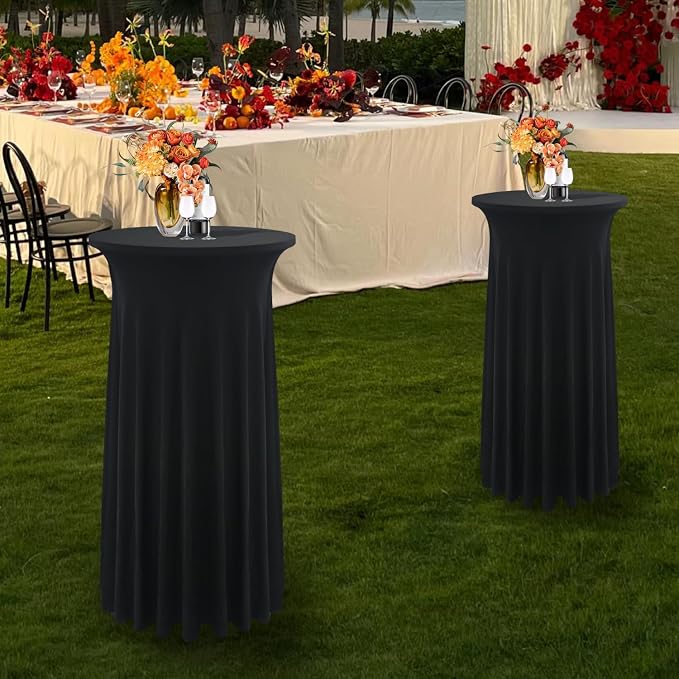 8-Pack 24"x43" Black Round Cocktail Table Skirts | Stretch Spandex Fitted Tablecloths | Stain-Resistant, Wrinkle-Resistant, and Machine Washable for Bars, Weddings, Parties, and Banquets