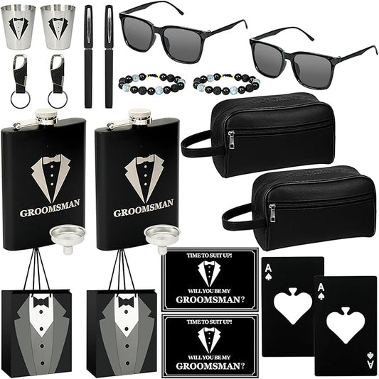 Set 2 Groomsmen Proposal Gifts - Groomsmen Gift Boxes with Leather Bag，Tuxedo Flask, Funnel，Shot Glasse，Poker Card Bottle Openers, Sunglasses, Pen，Bracelet, Card & Gift Bags for Wedding Party