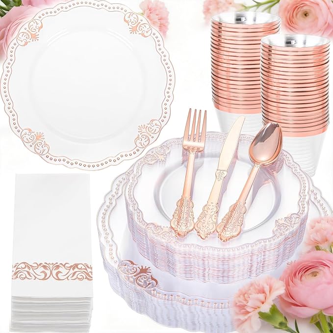 Ciaell 175 PCS Rose and Gold Plastic Plates - Fancy Rose Gold Disposable Dinnerware Set with of 50 Plates, 25 Knives, 25 Forks, 25 Spoons, 25 Cups, 25 Napkins for Wedding & Party & Mother's Day