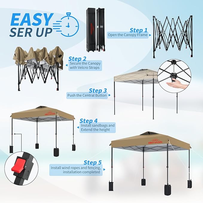 8x8 Pop Up Canopy, Easy Up Canopy Tent, Heavy Duty Tents for Parties, One Person Easy Set Up Event Tent, Khaki