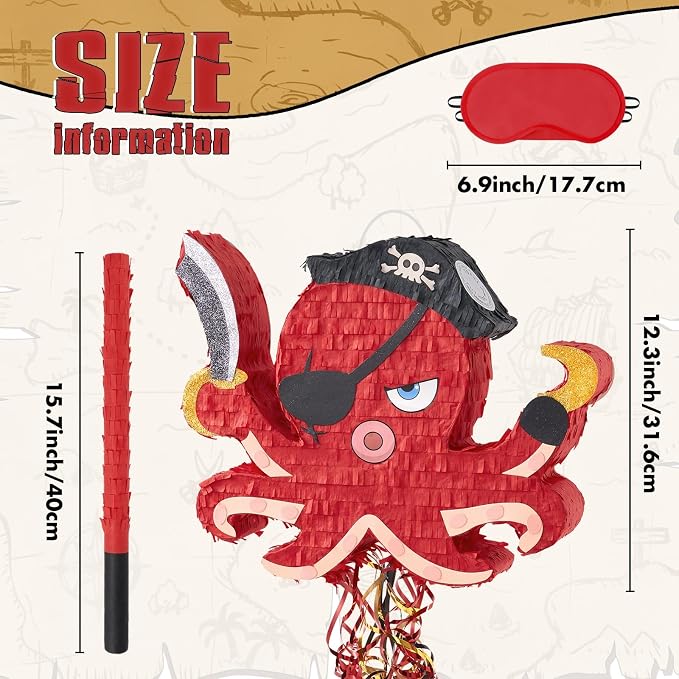 WERNNSAI Pirate Octopus Piñata - Pirate Birthday Decoration Animal Piñata with Blindfold and Stick for Caribbean Party Decoration Men Boys Birthday Anniversary Carnival Celebration Supplies