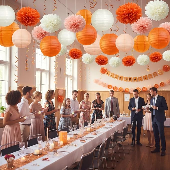 Orange Peach Paper Lanterns (12 Pack) - Hanging Paper Lanterns for Bridal Shower Fall Wedding Birthday Party Decoration