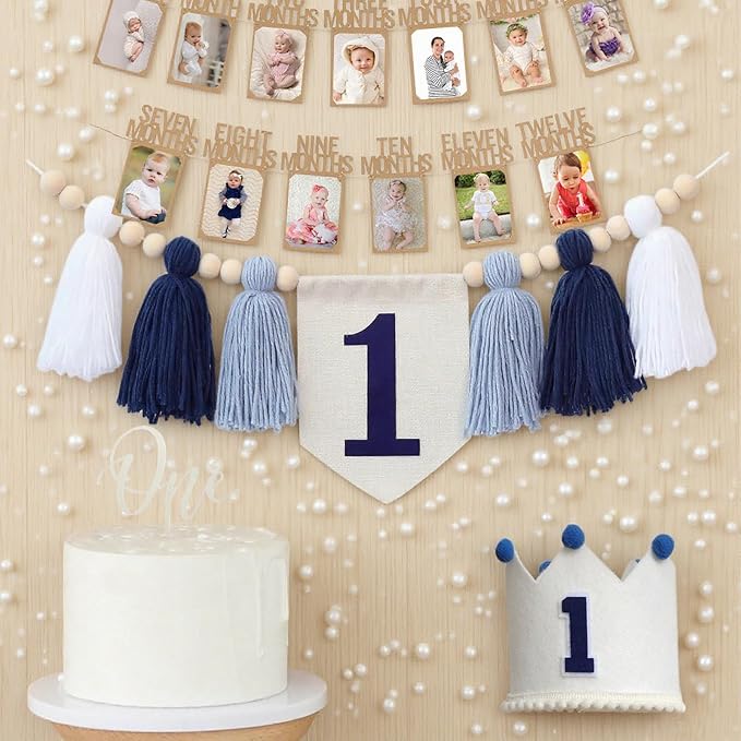 Handmade 1st Birthday High Chair Banner Birthday Decorations for Baby Boy with Garland Crown Hat Wild One Cake Topper Baby Photo Banner for Boy Wall Hangings Decorations(White)