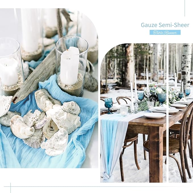 24 Pack Baby Blue Cheesecloth Table Runner 10Ft Boho Gauze Cheese Cloth Table Runner 35x120 Inch Long Rustic Sheer Table Decor for Wedding Decor Arch Draping Valentine's Day Easter Holiday Party