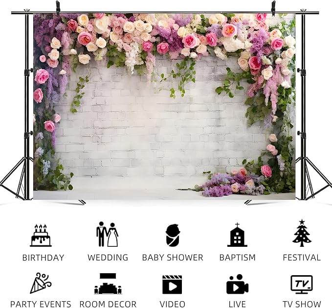 9x6ft Retro White Brick Wall Floral Backdrop Vine Leaves Rose Flowers Photography Background Bridal Shower Wedding Party Birthday Banner Decorations Adults Portrait Photo Booth Prop