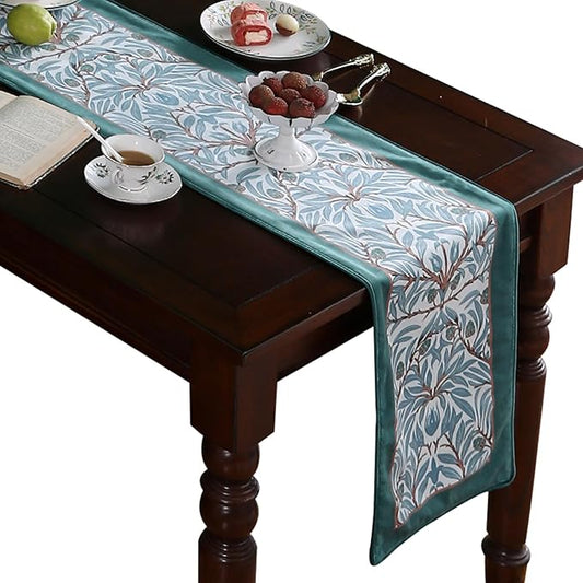 patdrea Designer Elegant Jungles Velvet Table Runner 71 Inch Long, Dark Cyan Color with Leaves Pattern Table Mat, Decoration for Kitchen Dining Coffee Table Cabinet Banquet Thanksgiving,12"*71"