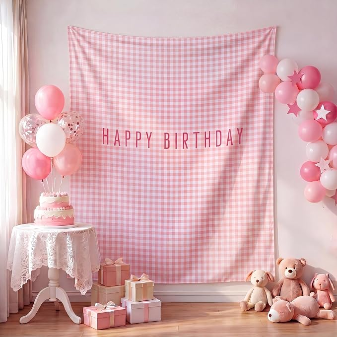 Flutesan 7x5ft Pink Gingham Happy Birthday Backdrop Large Banner Fabric Tapestry Birthday Party Decoration Baby Shower Linen Rustic Background Wall Photo Props Indoor Outdoor