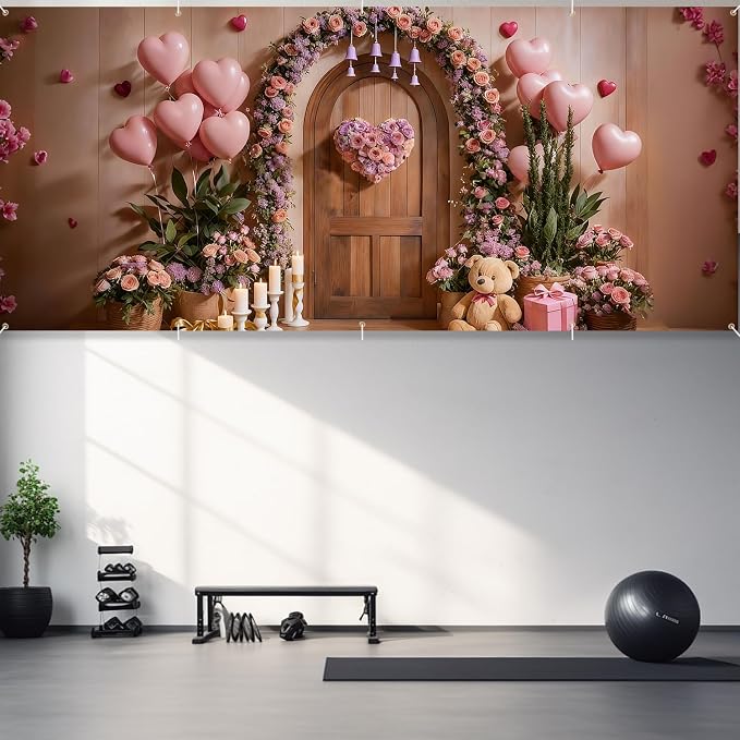 7x16ft Garage Door Banner,Pink Floral Heart Backdrop with Balloons,Large Waterproof Romantic Party Decor for Wedding Birthday Mother's Day,Outdoor Indoor Home Wall,Photo Booth Background