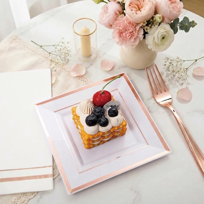 Festiva 350Pcs Rose Gold Plates and Napkins Party Supplies-Square White and Rose Gold Disposable Dinnerware include Plates Cups Cutlery Napkins for 50 Guests Wedding &Mother's Day&Birthday Party