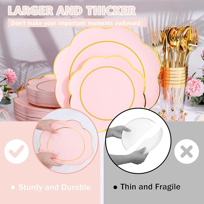 ejonirinjonir EI 180pcs Pink Plastic Plates with Gold Plastic Silverware,Heavy-Duty Disposable Plates for Party,White Dinnerware Set for 30 Guest Wedding,Birthday,Valentine's Day