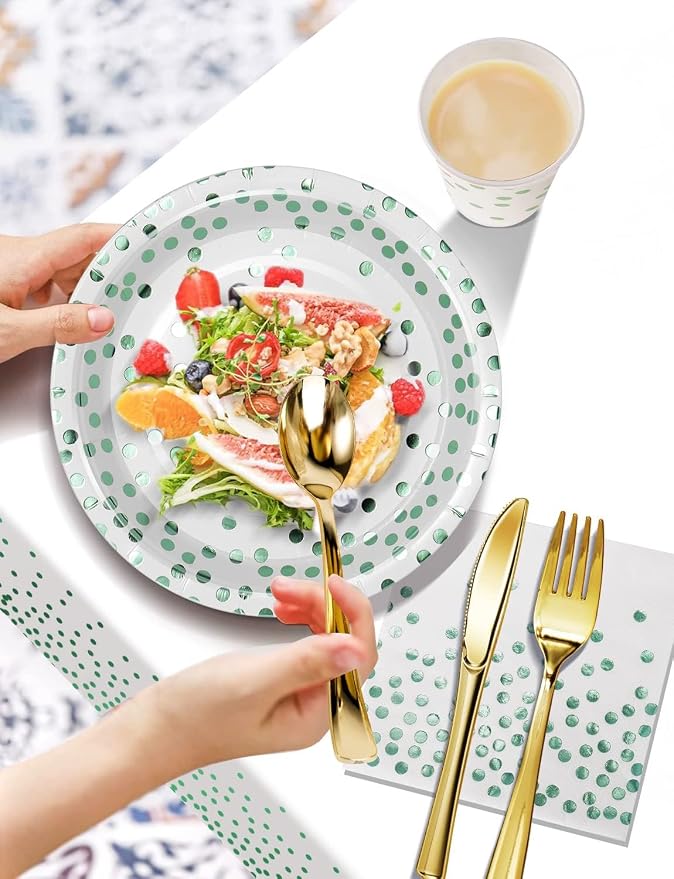 Nkaiso 141 Pieces Green Dots Party Supplies, Disposable Party Decorations Sets Include Paper Plates Napkins Cups, Plastic Forks Knives Spoons, for Baby Shower Birthday Wedding -20 Guests