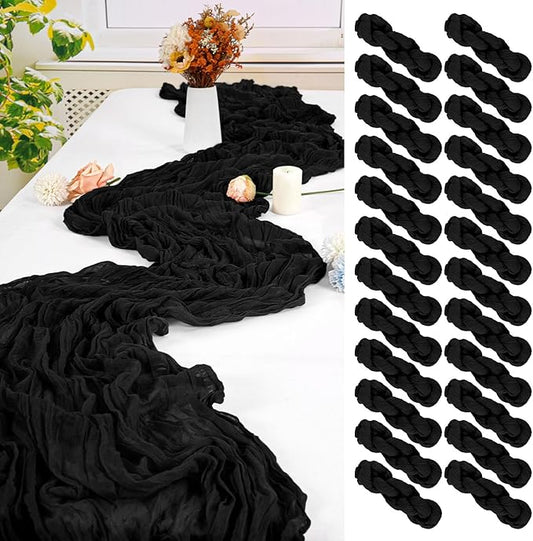 24 Pack Black Cheesecloth Table Runner,10FT Gauze Boho Long Cheesecloth Table Runners 20x120inch Rustic Cheese Cloth Table Runner for Wedding Party Bridal Shower,Table Decorations