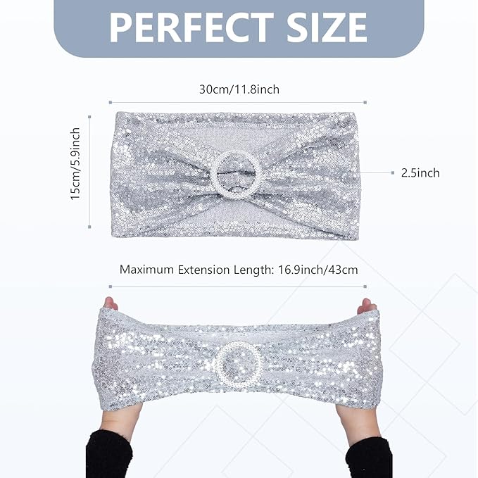 SquarePie Pack of 50 Sequin Chair Sashes Bands Glitter Silver Double-Sided Sequins Stretch Chair Cover Bows with Buckle Slider for Wedding Party Fiesta Banquet Decor