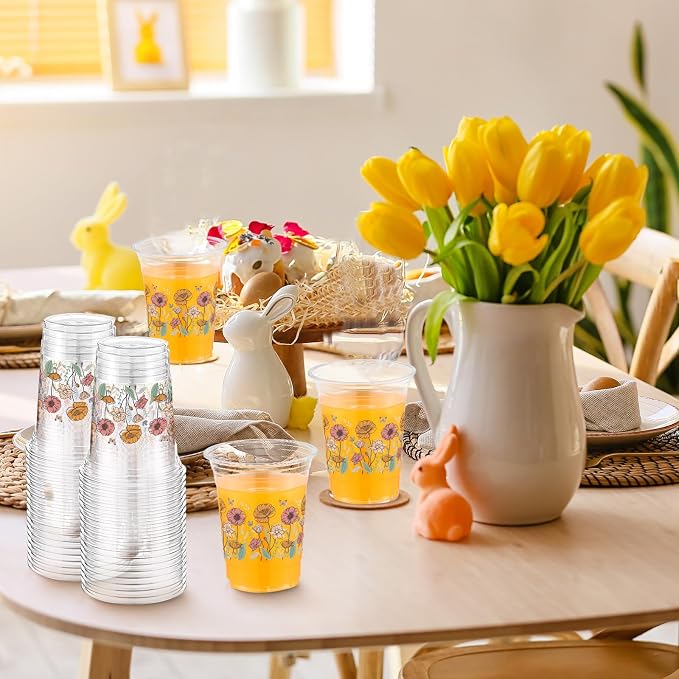 Hushee Boho Flower 60 Pcs Party Cups 16 oz Plastic Disposable Drinking Cups for Birthday Love Baby in Bloom Baby Shower Summer Fresh off The Market Bridal Shower Decorations Supplies