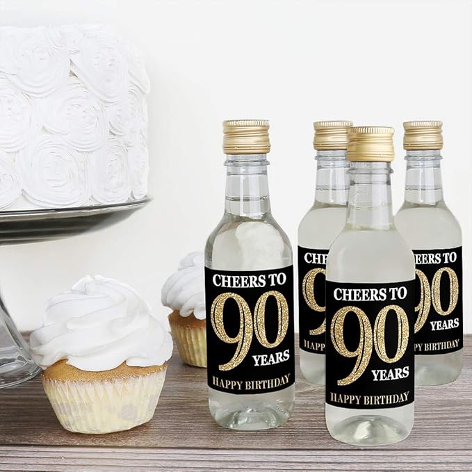 Big Dot of Happiness Adult 90th Birthday - Gold - Mini Wine and Champagne Bottle Label Stickers - Birthday Party Favor Gift for Women and Men - Set of 16