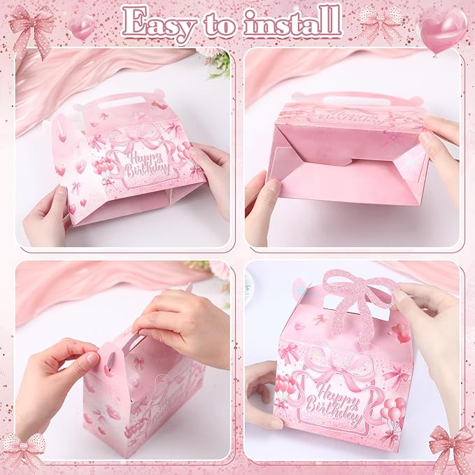 24 Pcs Pink Bow Birthday Gift Boxes with Handle, Coquette Cajas Para Dulces De Cumpleaños, Foldable Candy Treat Bags Party Favors for Girls Birthday Goodie Bags Baby Shower Bachelorette Decorations